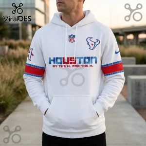 Houston Texans Nike Rivalries H-Town white hoodie with NFL logo, team graphic, and red and blue arm stripes.