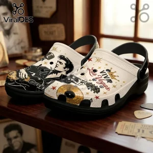 Elvis Presley Viva Las Vegas Crocs Clogs featuring white uppers, black soles, and King of Rock and Roll graphic prints.