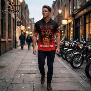 Jonas Brothers The Burning Up Tour polo shirt featuring band portrait, flames, and black-to-red gradient on a man walking.