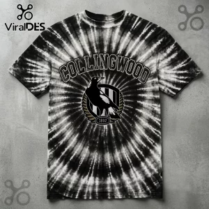 Collingwood Magpies AFL Black Tie Dye Shirt featuring a central magpie crest, radial black and white fabric patterns.