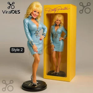 Dolly Parton Limited Edition Collectible Acrylic Plaque featuring a miniature figure in a sparkling blue dress and box.