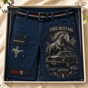 Ford Mustang American Muscle Navy Blue Casual Shorts featuring a galloping horse graphic and classic pony car print.