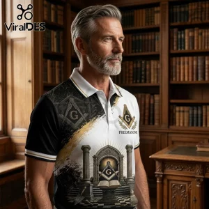 Freemasonry Square and Compass Black White Polo Shirt with Masonic architectural symbols on a man in a library.