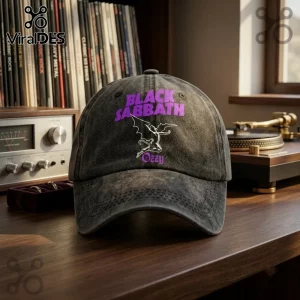 Black Sabbath Ozzy Osbourne washed black baseball cap with purple text and white bat wing demon graphic on front panel.