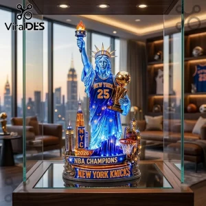 New York Knicks 2026 NBA Champions Acrylic Light Box featuring the Statue of Liberty holding a gold championship trophy.