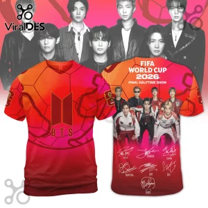 BTS FIFA World Cup 2026 Pullover Hoodie features a red gradient soccer ball pattern, group portraits, and artist signatures.
