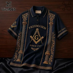 Freemason Custom Embroidered Polo Shirt in navy blue with gold square and compass symbol, pillars, and text detailing.