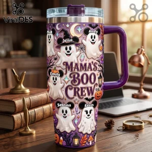Personalized Mama’s Boo Crew Halloween Ghost 40oz Tumbler with purple base, cartoon ghosts, and custom family member names.