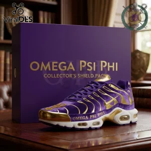 Omega Psi Phi Collector Edition Air Max Plus Shoes featuring purple velvet material, metallic gold accents, and white soles.