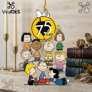 Peanuts Snoopy 75th Anniversary Acrylic Christmas Ornament featuring the full gang on a gold background.