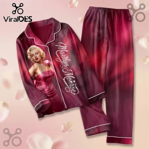 Marilyn Monroe 100th Anniversary burgundy satin pajama set featuring a portrait print and script lettering.