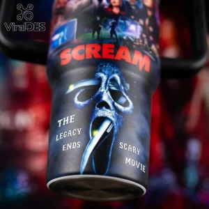 Scream Horror Movie 40oz Stanley Tumbler featuring the Ghostface mask, blue lighting, and movie text on a black background.