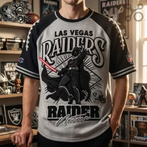 Darth Vader Las Vegas Raiders embroidered raglan shirt featuring a black knit Vader figure, red lightsaber, and gray body.