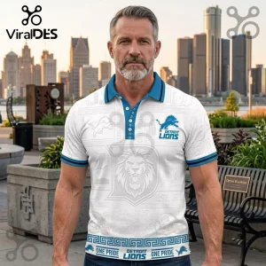 Detroit Lions White One Pride Polo Shirt featuring blue collar accents, team logo, and city-themed graphic patterns.