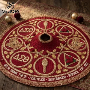 Delta Sigma Theta Velvet Christmas Tree Skirt in red with gold embroidered sorority symbols, torch, elephant, and roses.