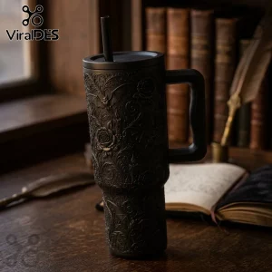 Matte Black Halloween Bat Floral 40oz Tumbler with embossed gothic rose, bat, and candle patterns on a wooden desk surface.