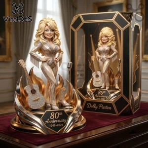 Dolly Parton 80th Anniversary Gold Acrylic Plaque featuring a blonde figurine, sparkling guitar, and commemorative base.