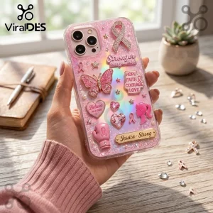 Jessica Strong Breast Cancer Awareness 3D phone case with pink glitter, rhinestone ribbon, butterfly, and heart charms.