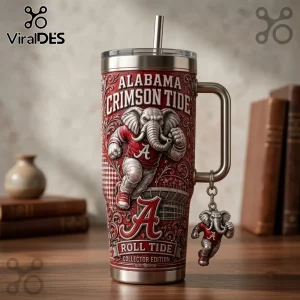 Alabama Crimson Tide NCAA Elephant 40oz tumbler with red stadium art, metallic handle, and a matching elephant keychain.