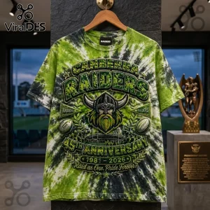 Canberra Raiders 45th Anniversary Tie Dye Shirt featuring a Viking graphic, green and white fabric, and stadium imagery.