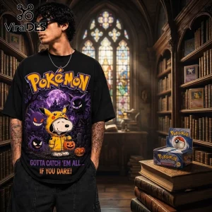 Snoopy x Pokemon Spooky 2026 Halloween T-Shirt featuring Pikachu-costumed Snoopy, Gastly, and Gengar on a black cotton tee.