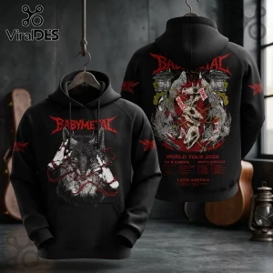 Babymetal 2026 World Tour Wolf Mascot Black Hoodie displaying front and back views with red Japanese script and skull art.