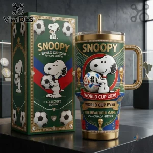 Snoopy FIFA World Cup 2026 Gold 40oz Tumbler with soccer ball graphic, straw, and matching decorative collector box.