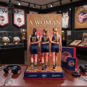 Indiana Fever Caitlin Clark Lexie Hull Acrylic Plaque featuring three players in team jerseys against a wooden backdrop.