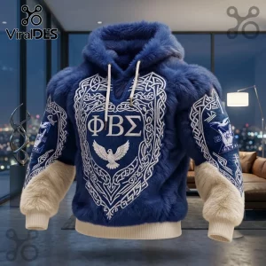 Phi Beta Sigma Plush Fleece Pullover Hoodie in blue with white Greek letters, dove emblem, and tan color-blocked sleeves.