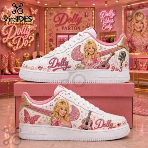 Custom Dolly Parton Pink Air Force 1 Sneakers featuring portraits, acoustic guitars, microphones, and song title typography.
