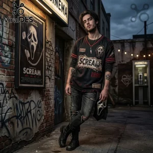 Scream Ghostface Slasher Horror Movie T-Shirt 2026 worn by a man standing in a brick alleyway next to a movie poster.