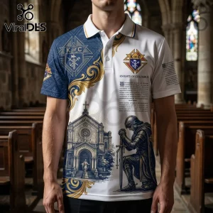 Knights of Columbus Charity Unity Patriotism polo shirt featuring blue and white church and knight graphics.