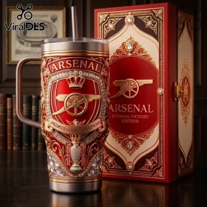 Arsenal Premier League Champions 40oz handle tumbler in red and gold with an ornate cannon crest and crystal detailing.