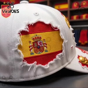 Spain 2026 World Cup Champions Distressed Baseball Cap in white featuring a torn fabric effect revealing the Spanish flag.