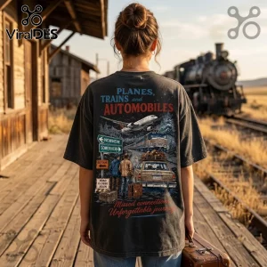 Planes Trains and Automobiles Charcoal Cotton T-Shirt featuring a vintage travel graphic on a woman standing by a train.