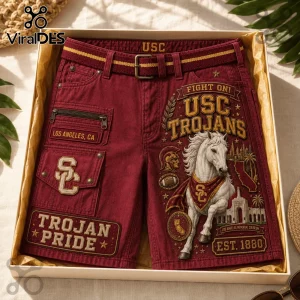 USC Trojans Red Mascot Cargo Casual Shorts featuring team graphics, horse illustration, and side pockets in a display box.