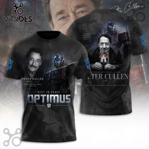 Peter Cullen Optimus Prime 1941-2026 Tribute T-Shirt featuring a portrait of Peter Cullen and Optimus Prime on black fabric.