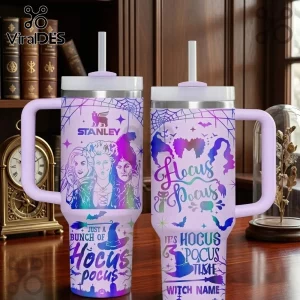 Hocus Pocus Sanderson Sisters personalized 40oz Stanley tumbler with purple gradient, spiderwebs, and movie character art.