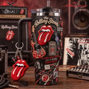 Premium The Rolling Stones 40oz Stanley Tumbler in black with red tongue logos, guitar graphics, and rock band text accents.