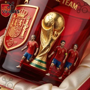 Spain 106th Anniversary Embossed Glass Tumbler featuring the Spanish national crest, gold trophy, and soccer player figures.