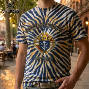 Knights of Columbus EST1882 Tie Dye T-Shirt featuring a blue and yellow swirl pattern with the K of C emblem at the center.