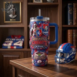 Newcastle Knights 38 Years Stanley Tumbler with red, blue, and white team graphics, a steel lid, and a metal straw.