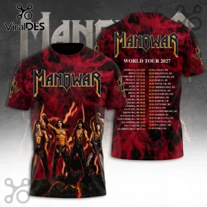 Manowar 2027 World Tour red flame hoodie featuring band members, metal aesthetic, and a back print with tour dates.