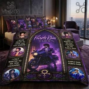 Prince Purple Rain Glow Duvet Bedding Set features imagery of Prince on a motorcycle with lyrical text on purple fabric.