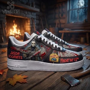 Jason Voorhees Friday The 13th Custom Air Force 1 Sneakers featuring a hockey mask graphic, blood splatters, and a machete.