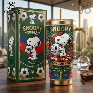 Snoopy FIFA World Cup 2026 Gold 40oz Tumbler with soccer ball graphic, matching green gift box, and metallic gold finish.