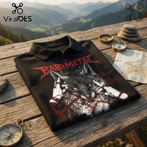 Babymetal World Tour 2026 Wolf Logo Polo Shirt featuring a grey wolf graphic with red strings on a black collared shirt.