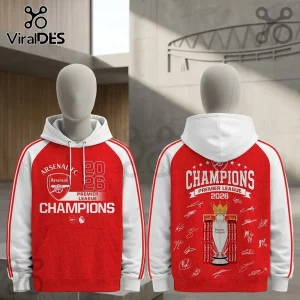 Arsenal FC Premier League 2026 Champions hoodie featuring red and white panels, trophy graphics, and team player signatures.