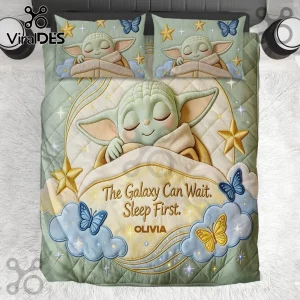 Personalized Grogu Galaxy Bedding Set featuring a sleeping green alien, gold stars, and butterflies on sage green fabric.