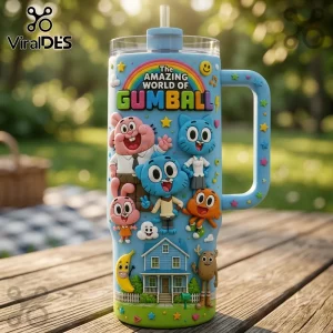 The Amazing World of Gumball Character Stanley Tumbler featuring Gumball, Darwin, and Anais on a light blue cup.